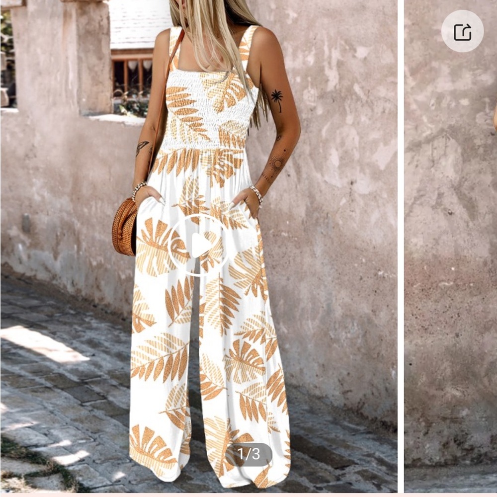White and Tan Tropical Print Jumpsuit with Wide-Leg Silhouette